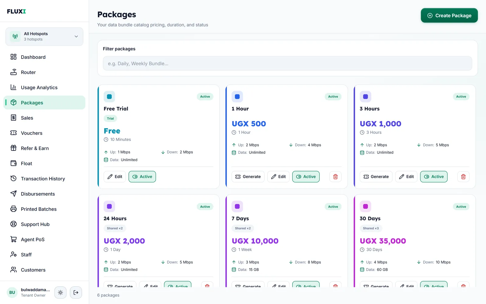 The FLUXI Packages page: priced internet packages with time, speed, data limit and devices per voucher