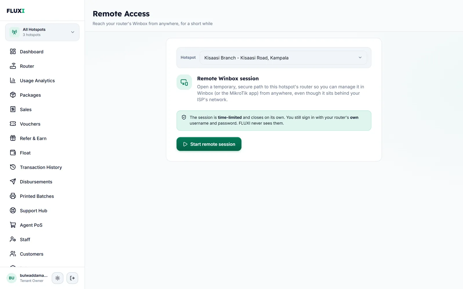 The FLUXI Remote Access page: pick a hotspot and start a time-limited Winbox session